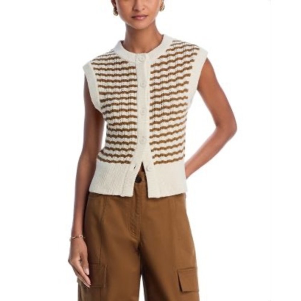 ALC Striped Knit Vest Cream Brown Button Front Sleeveless Cardigan Large